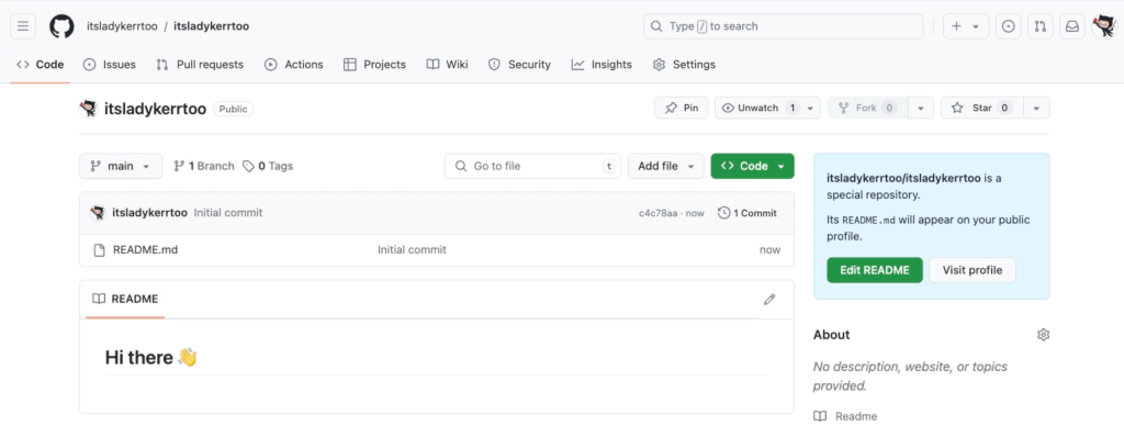 GitHub repository 'itsladykerrtoo' showing an initial commit with a README file containing a greeting 'Hi there' and a prompt to edit the README.