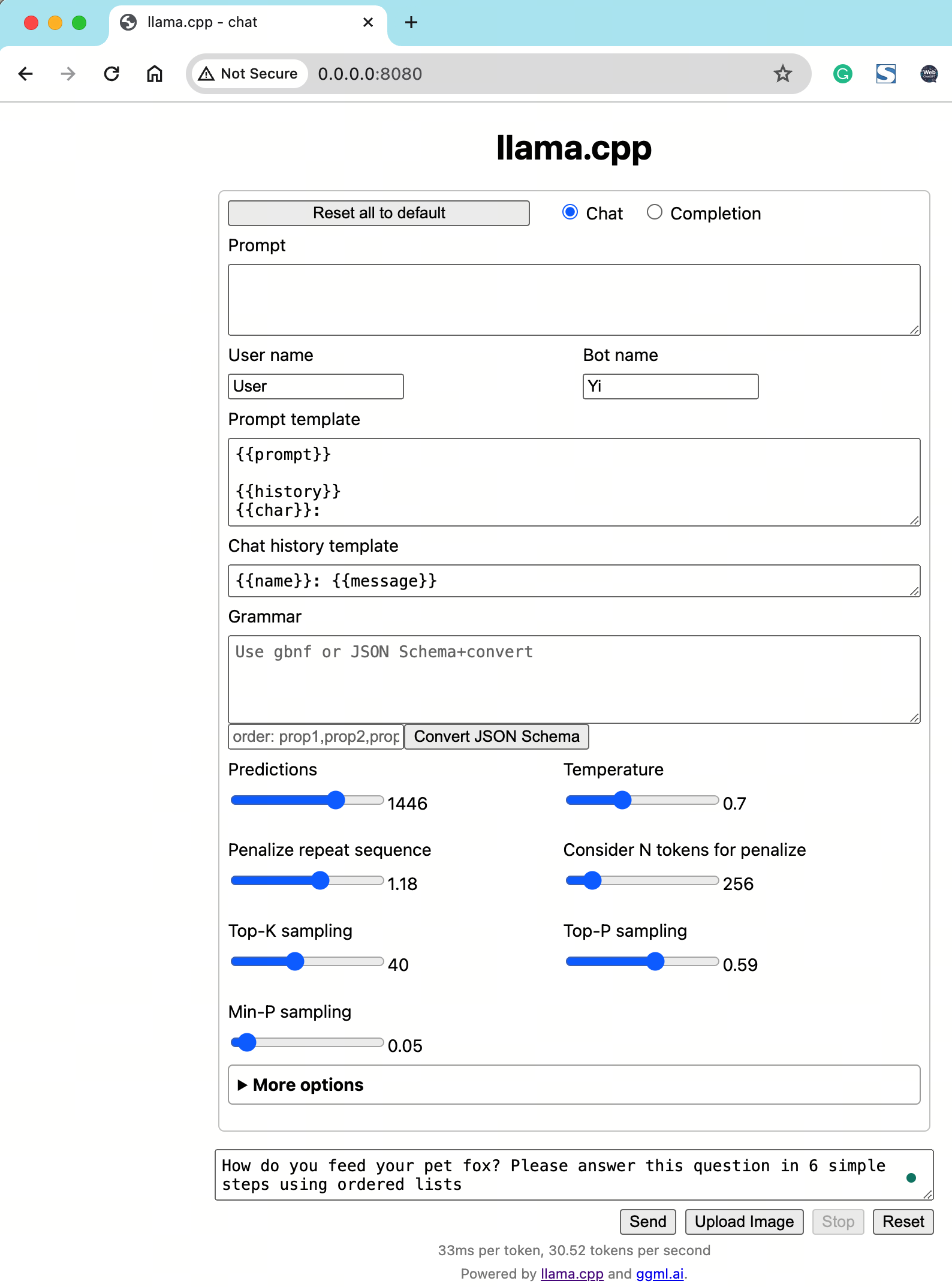 Yi model chatbot interface - llama.cpp