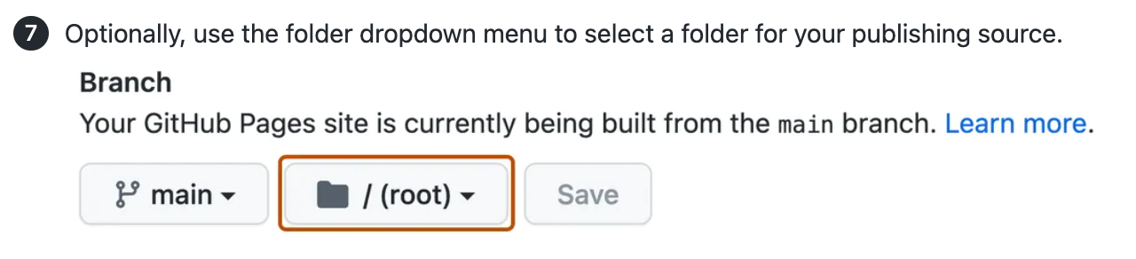 Screenshot of an article showing instructions and a UI screenshot for selecting a folder as the publishing source for {% data variables.product.prodname_pages %}.