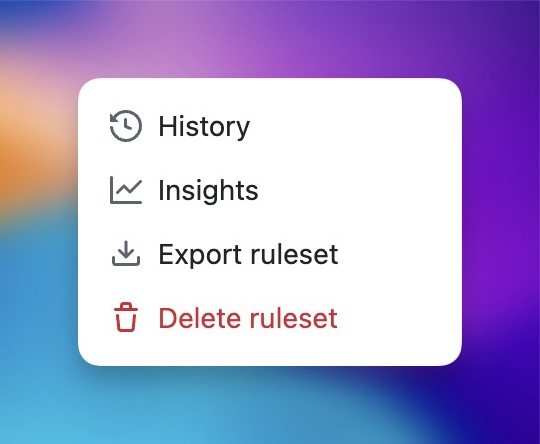 Screenshot of repository ruleset menu showing history and export.