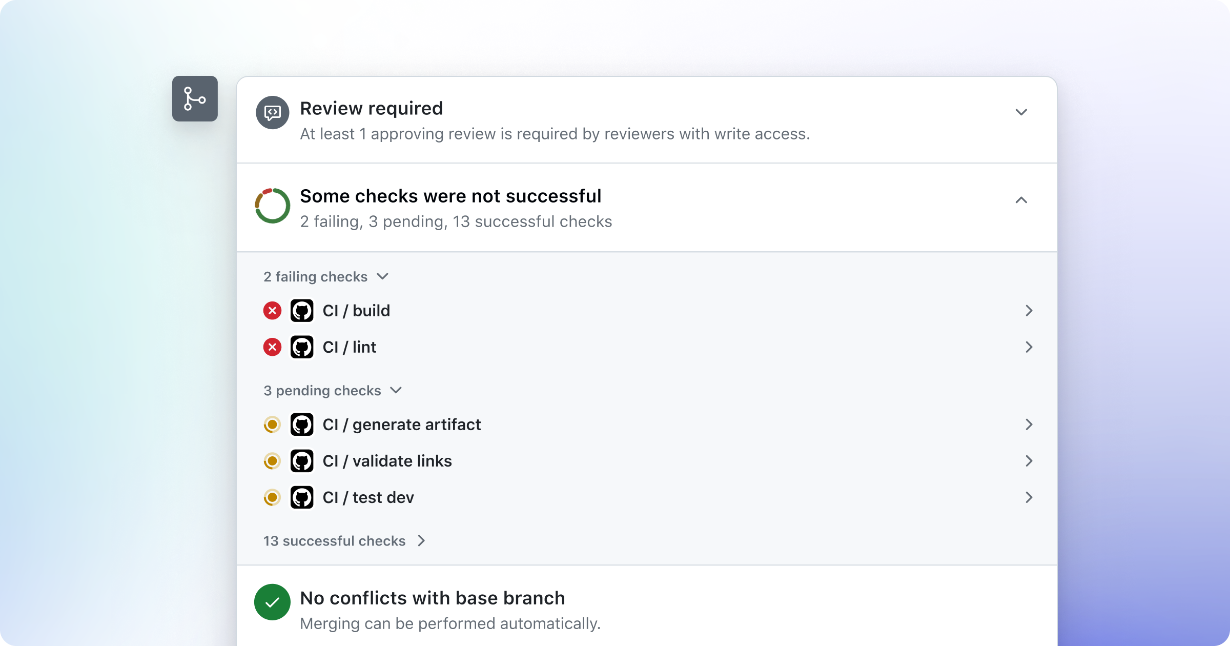 Screenshot of the updated merge box page on the pull request page showing that 1 review is required, a list of status checks (some failing), and a message about not having any merge conflicts.