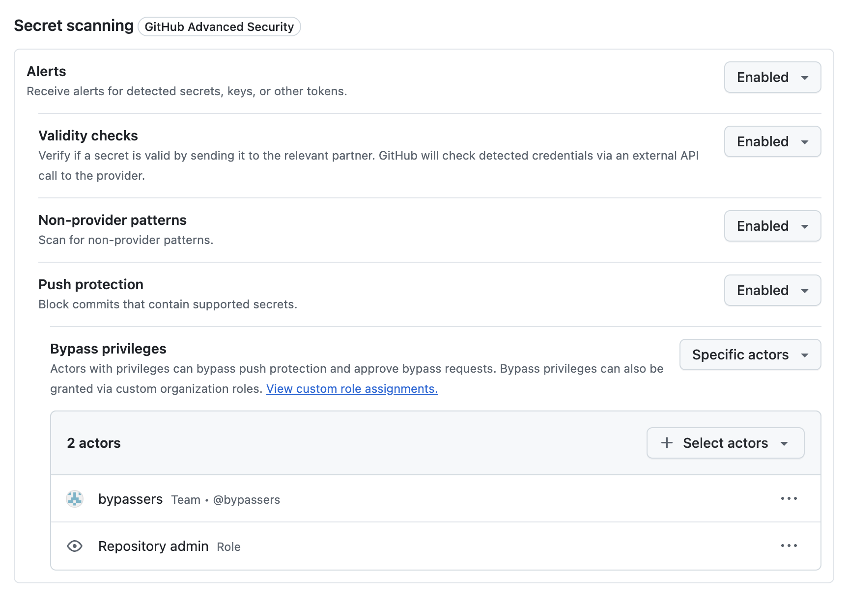 screenshot of bypass privileges within security configurations