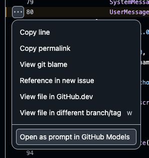 Screenshot of the GitHub UI with "Open as prompt in GitHub Models" menu item selected.