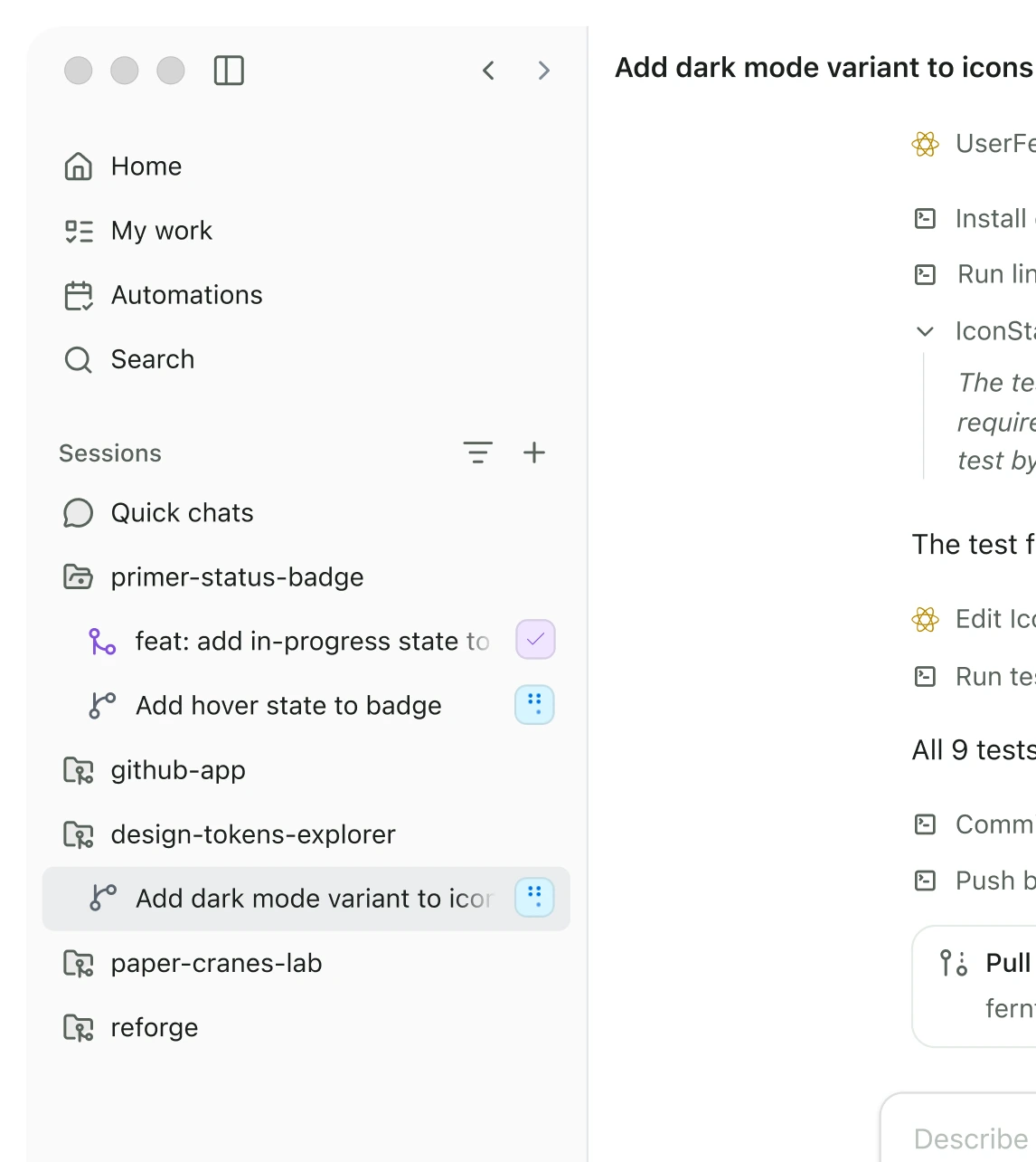 App sidebar with Home, My work, Automations, and Search, plus a Sessions list; a dark-mode icon session is selected.