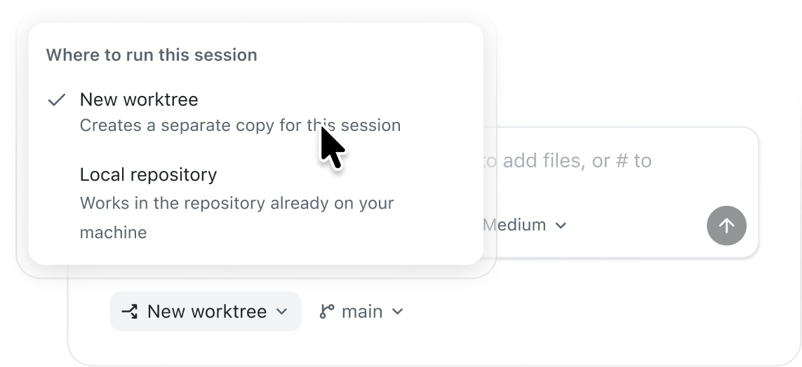 Dropdown 'Where to run this session' with New worktree (selected) and Local repository options.