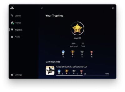 PlayStation overlay with the Trophies tab selected on the left, and a list of trophies in the centre.