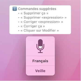 La fenêtre de retour de la commande vocale sous des suggestions de commandes de texte, comme « Supprimer ça » ou « Cliquer sur Édition ».