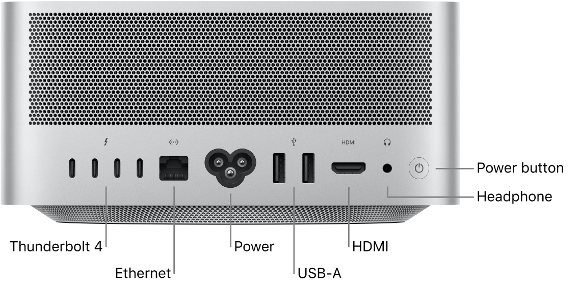 The back of Mac Studio showing four Thunderbolt 4 (USB-C) ports, the Gigabit Ethernet port, the power port, two USB-A ports, the HDMI port, 3.5 mm headphone jack, and the power button.