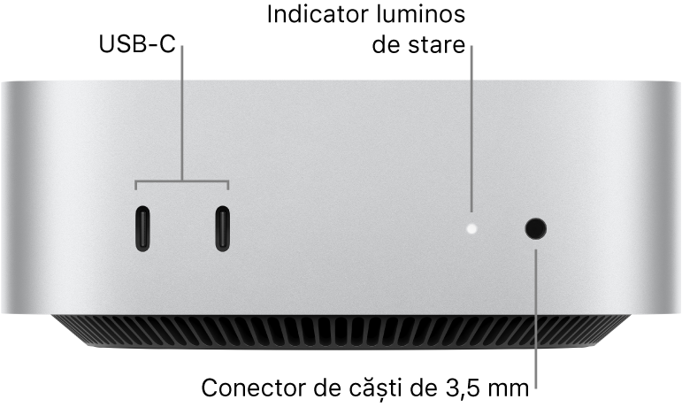 Partea frontală a Mac mini‑ului afișând două porturi USB-C, indicatorul luminos de stare și mufa pentru căști de 3,5 mm.