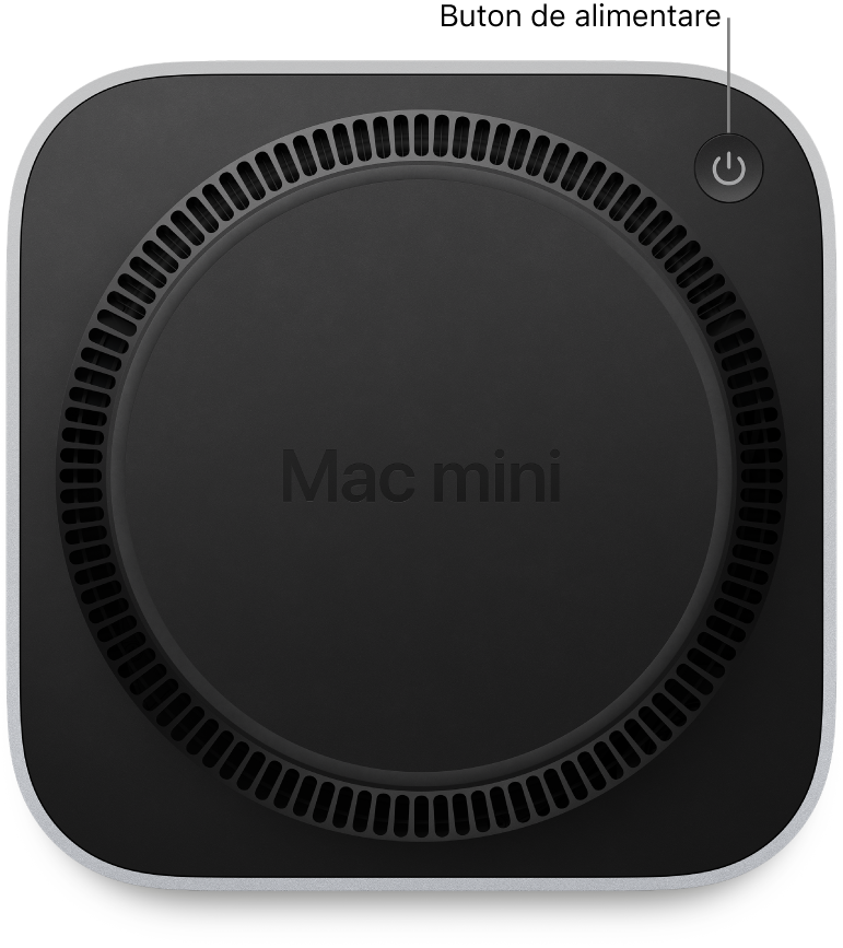 Partea de jos a Mac mini‑ului afișând butonul de alimentare.