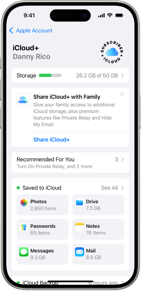 Skærmen med iCloud-indstillinger viser iCloud-lagringsmåleren og en liste over apps og funktioner, der kan bruges med iCloud.