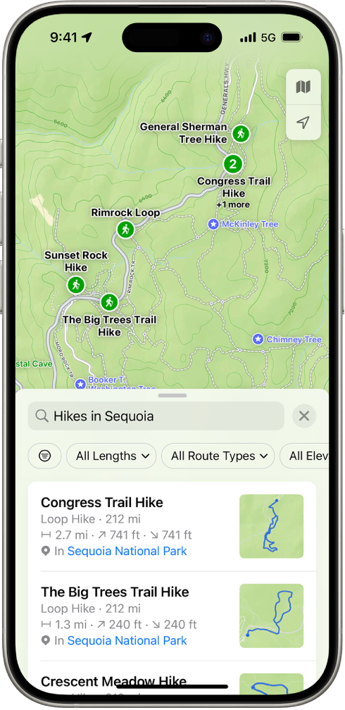 The Maps app showing results matching a search for hikes in a national park.