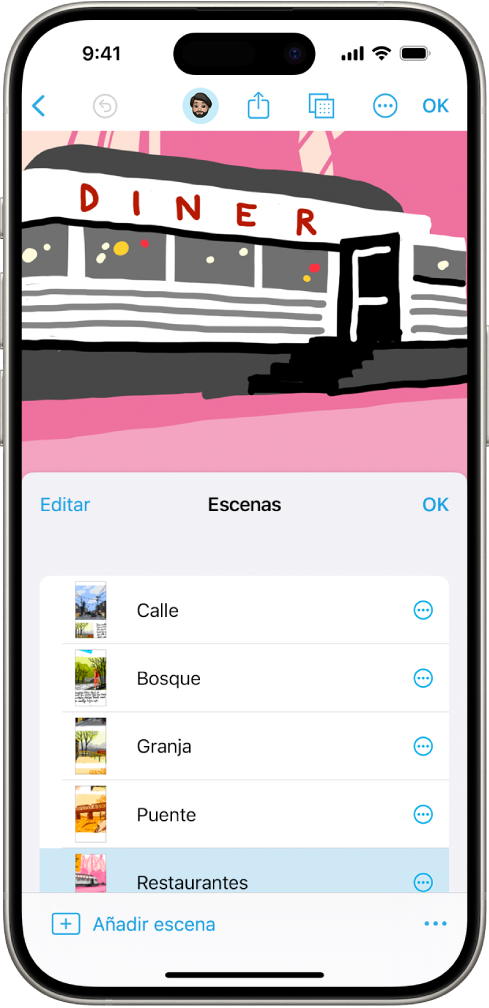 Escena de la app Freeform con el navegador de escenas en la esquina inferior derecha.