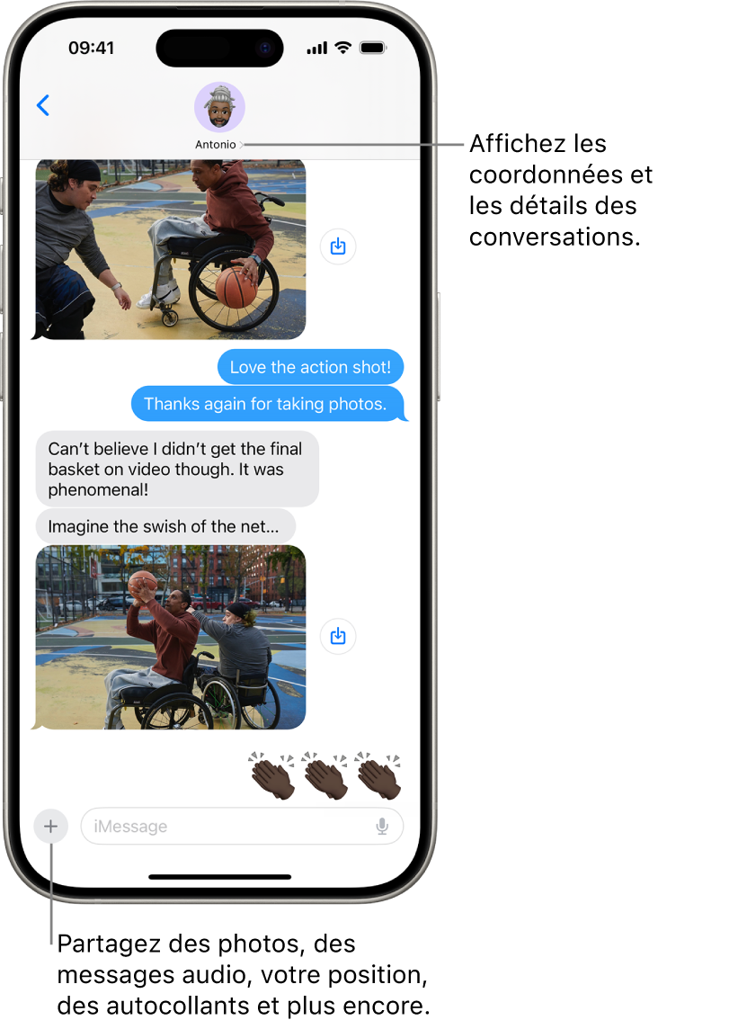 Une conversation Messages. Le nom de la personne à laquelle vous envoyez des messages est en haut de l’écran. Vous pouvez toucher son nom pour afficher les détails de la conversation. Le bouton Ajouter se trouve dans le coin inférieur gauche.