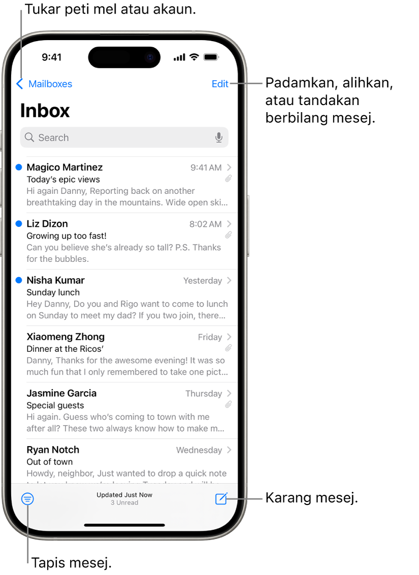 Peti Masuk Mail, menunjukkan senarai e-mel.