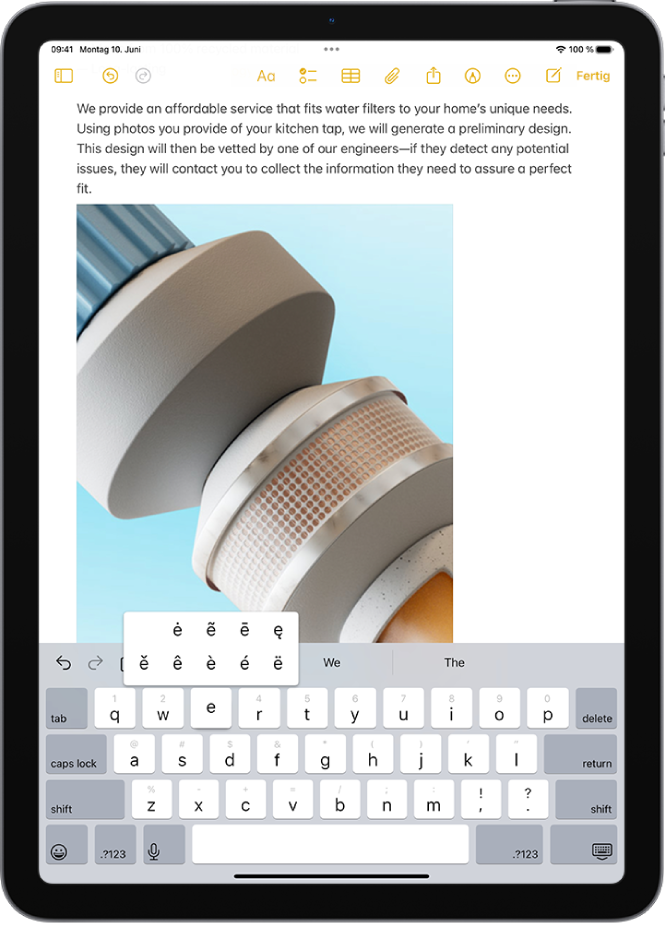 Die Bildschirmtastatur ist eingeblendet und zeigt die Alternativzeichen mit Akzenten, wenn du den Finger auf den Buchstaben E legst.