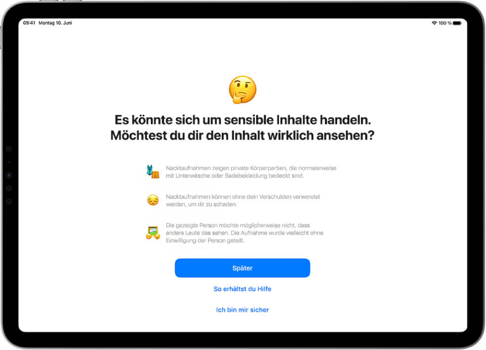 Ein Bildschirm mit einer Warnung, dass eine Nachricht möglicherweise sensible Bilder enthält. Unten werden Optionen zum Erhalten von Hilfe und zum Ignorieren der Warnung angezeigt.