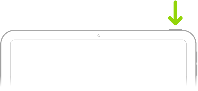Ένα πράσινο βέλος που δείχνει προς το κουμπί πάνω δεξιά στο iPad.