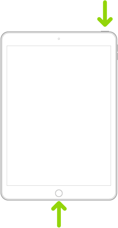 An iPad with a Home button. Arrows point to the Home button and the top button.
