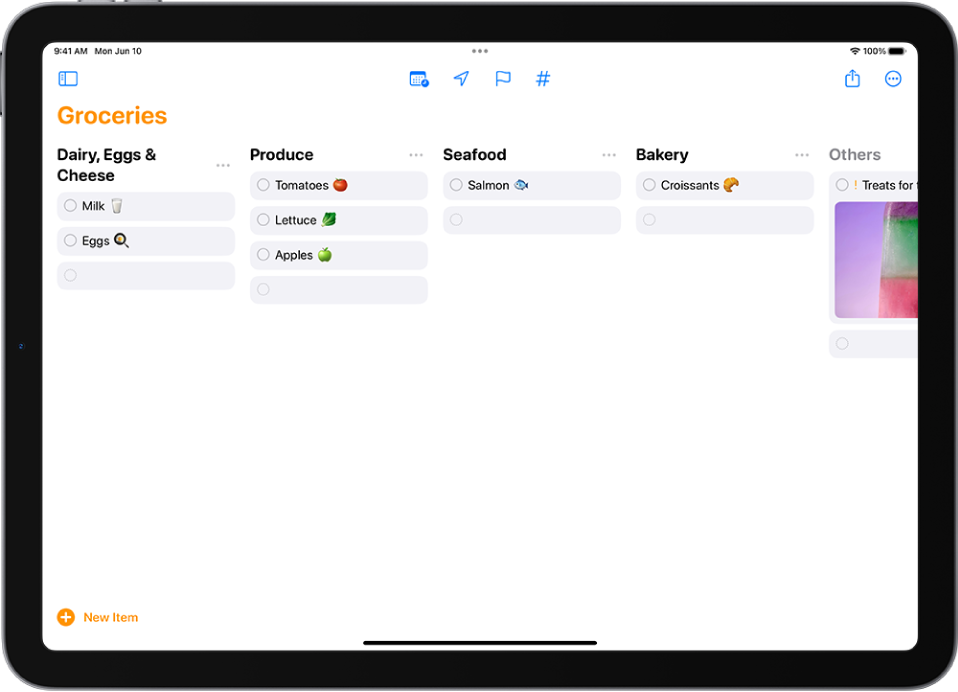 The Reminders app showing a grocery list with the categories organized as columns.