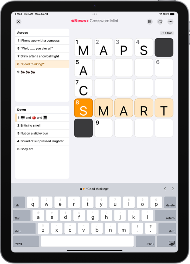 A partially filled crossword mini puzzle, with the clues on one side.