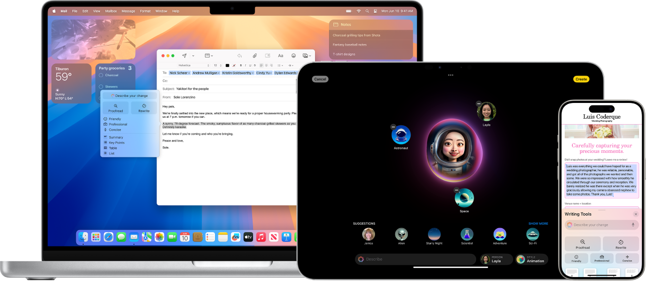 From left to right, a Mac shows Writing Tools used in an email, iPad shows Image Playground, and iPhone shows a Genmoji as part of a message thread.