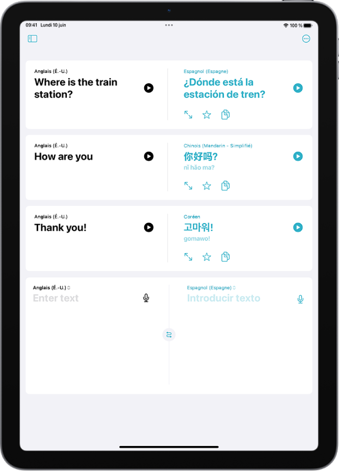 Onglet Traduction affichant des phrases traduites de l’anglais vers l’espagnol, de l’anglais vers le mandarin et de l’anglais vers le coréen.