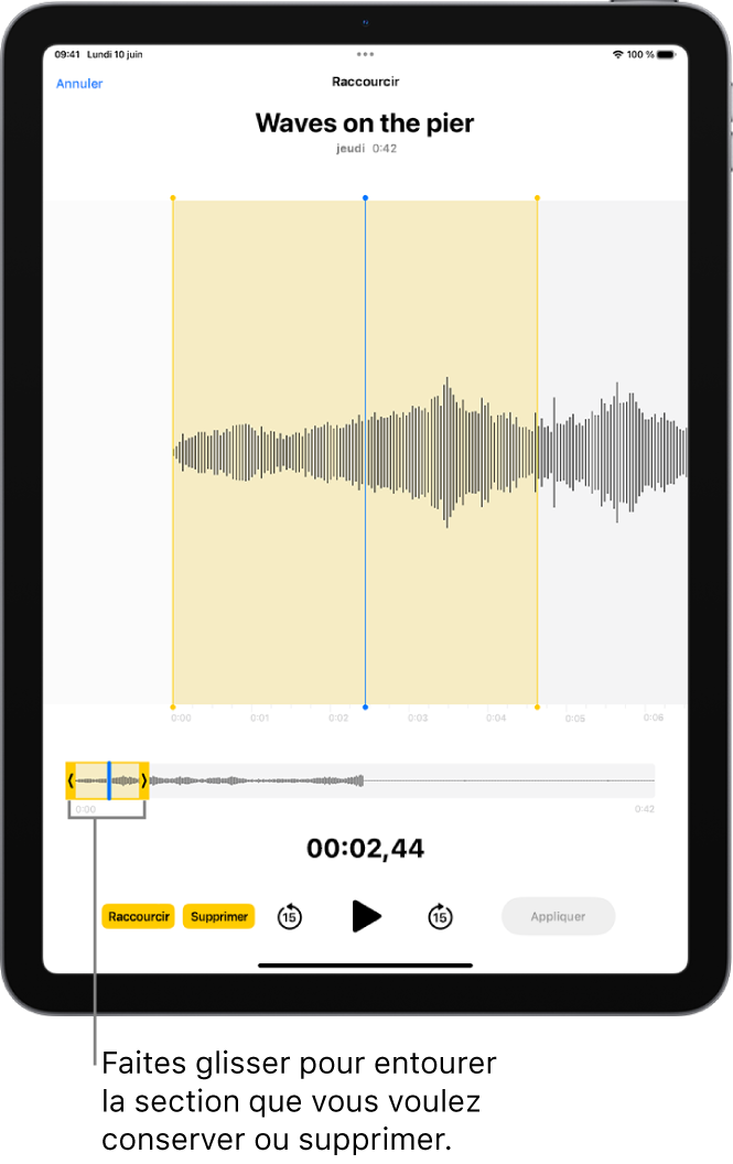 Un enregistrement est en cours de modification, avec les poignées d’élagage jaunes entourant une partie de la forme d’onde audio en bas de l’écran. À gauche des commandes de lecture se trouvent deux boutons : le bouton Raccourcir, qui permet de supprimer la partie de l’enregistrement située à l’extérieur des poignées, et le bouton Supprimer, qui permet de supprimer la partie de l’enregistrement située à l’extérieur des poignées.