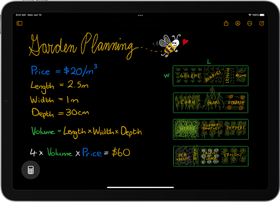 Alcune note matematiche nell’app Calcolatrice su iPad con le variabili dichiarate, equazioni e un disegno.