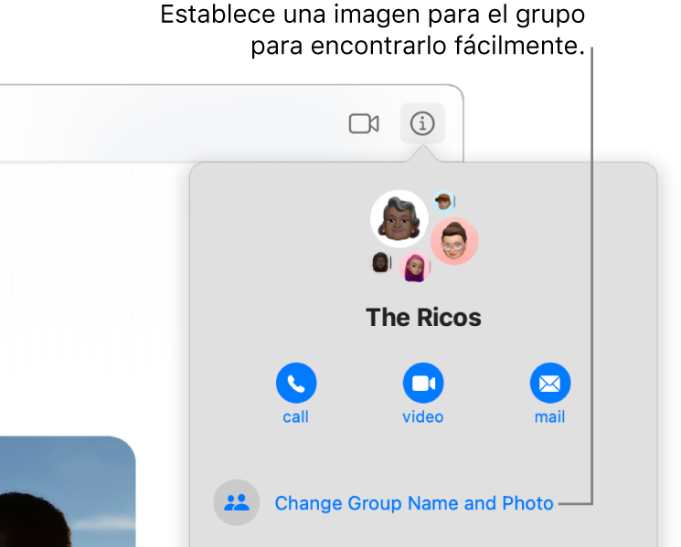 La visualización de Información de una conversación grupal, que aparece después de hacer clic en el botón Información en una conversación; muestra íconos de los miembros del grupo y el nombre del grupo. Debajo del nombre del grupo hay botones para hacer una llamada de video o audio de FaceTime, o bien enviar un correo al grupo. Debajo de ellos está el botón para cambiar el nombre y la foto del grupo.