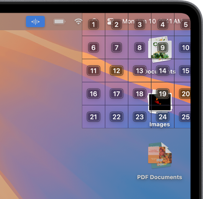 Une grille s’affiche en haut à droite de l’écran, là où se trouvent deux piles du bureau. Chaque cellule de la grille est étiquetée avec un numéro.