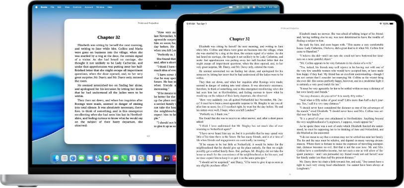 La pantalla de una Mac y la de un iPad mostrando la misma página de un libro en la app Libros.
