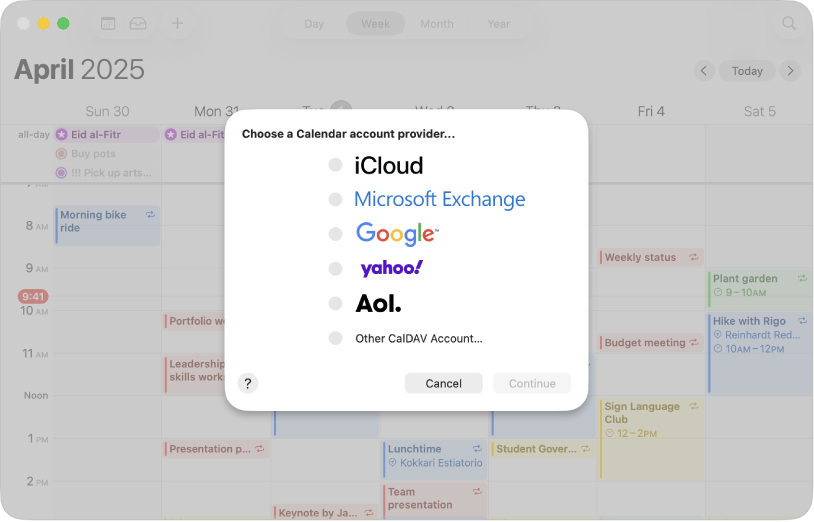 A Calendar window showing the account dialogue.