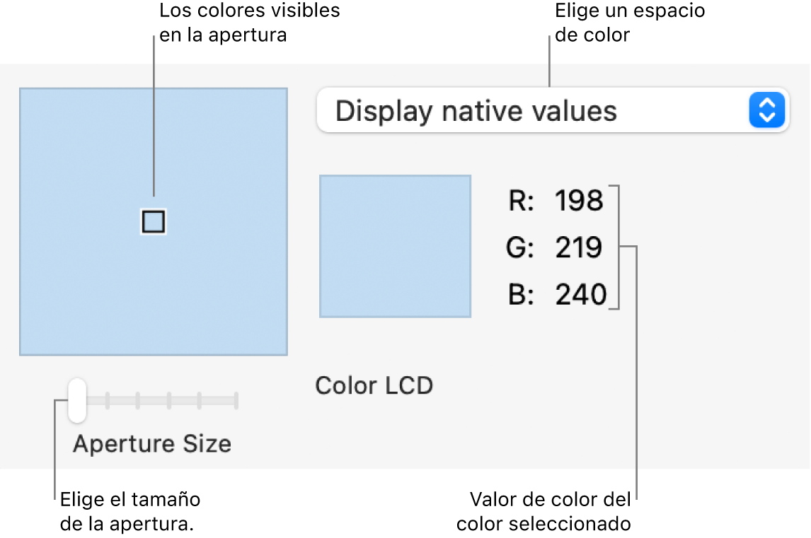 La ventana de Medidor de Color Digital muestra el color seleccionado en la apertura de la izquierda, el menú desplegable Espacio de color, los valores del color y el regulador Tamaño de apertura.