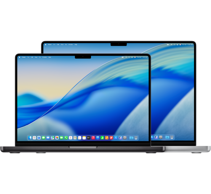 A 14-inch MacBook Pro computer in front of a 16-inch MacBook Pro.
