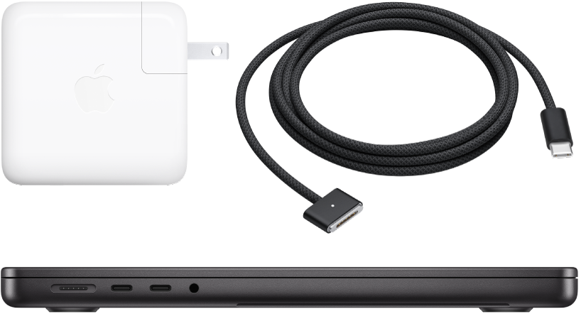 Side view of a MacBook Pro with accompanying accessories.