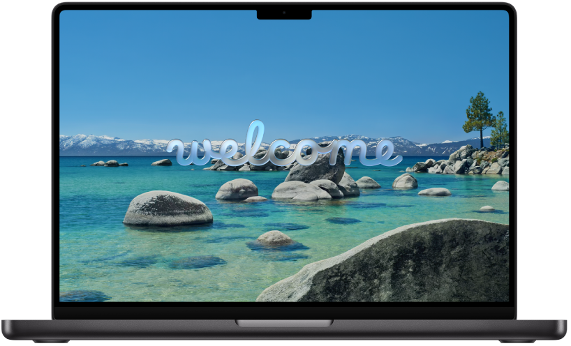 An open MacBook Pro with “Welcome to Mac” and a button that reads “Continue” on the screen.