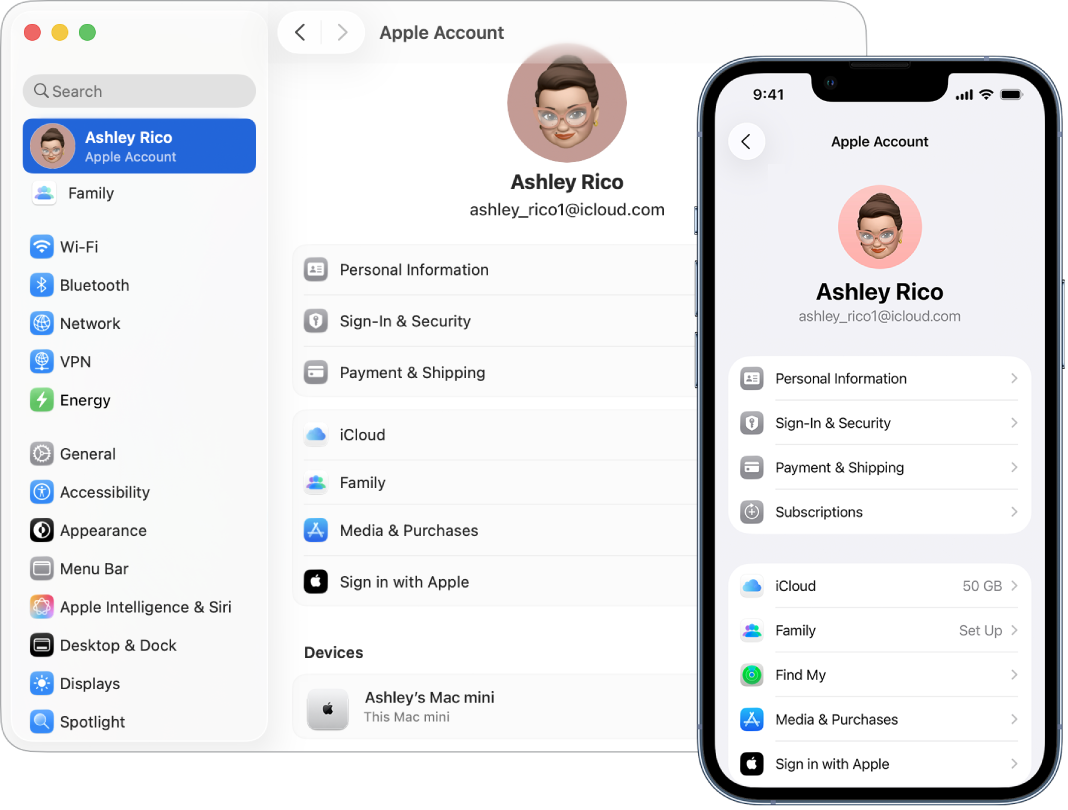 Réglages iCloud sur un iPhone et sur un Mac.