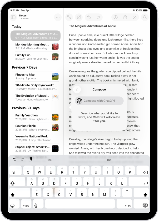 iPad पर नोट्स ऐप में स्टोरी लिखते हुए दिखाया गया है। स्क्रीन पर दाईं ओर “लेखन टूल की मदद से लिखें” डायलॉग है, जिसमें बदलाव का वर्णन करने, ChatGPT सुझाव चुनने और अन्य विकल्प शामिल हैं।