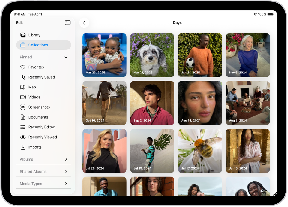 De verzameling 'Dagen' is geopend in de Foto's-app, met fotoverzamelingen van elke dag in een raster.