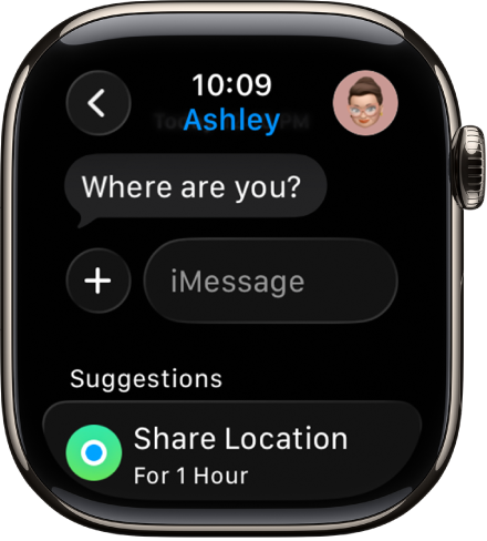 Apple Watch showing a conversation in the Messages app. A suggestion to share a location is at the bottom of the screen.