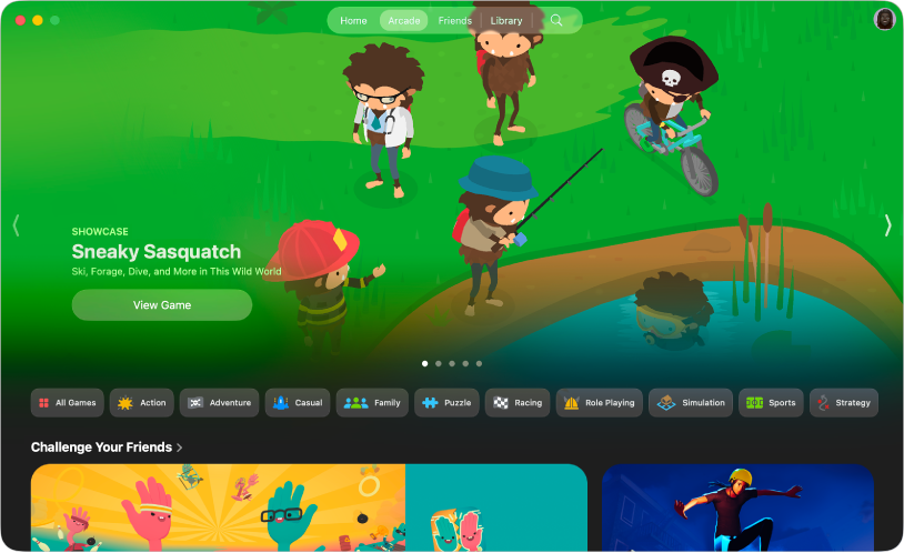 La app Apple Games mostrando la pestaña Arcade. La pantalla muestra ilustraciones promocionales de juegos como Sneaky Sasquatch y WHAT THE CLASH? y Skate City: Nueva York.
