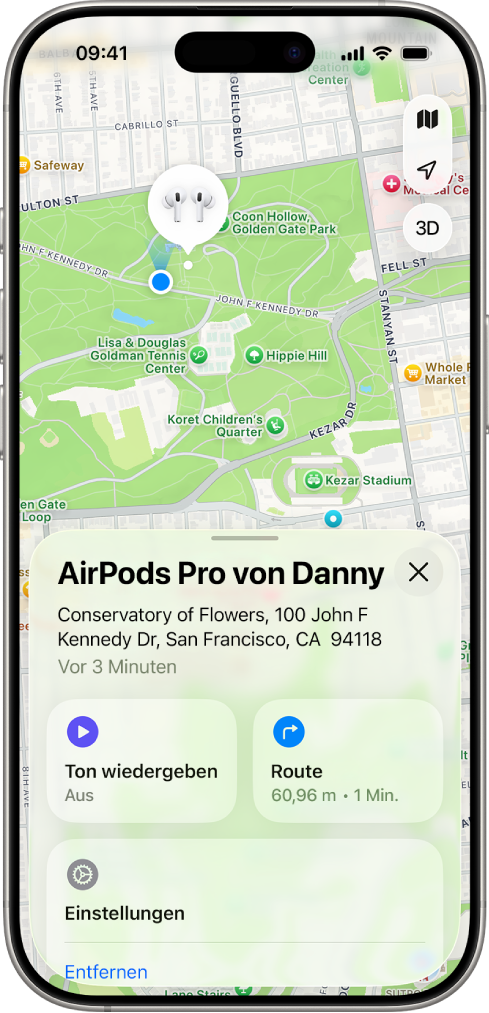 Eine Anzeige in der App „Wo ist?“ auf dem iPhone. Der Standort der AirPods wird auf einer Karte von San Francisco angezeigt. Es ist eine Adresse angegeben und die Optionen „Ton abspielen“ und „Route“ sind verfügbar.