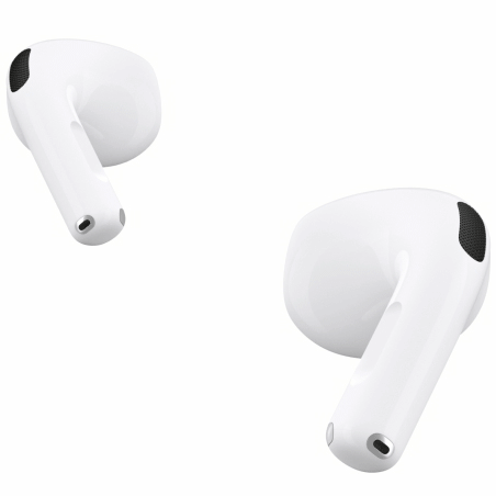 AirPods 4 visas. Armen på en av AirPods-snäckorna blir tryckt på.