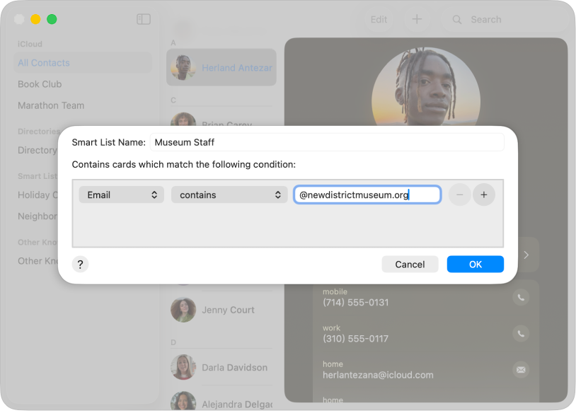 Zone de dialogue d’ajout d’une liste intelligente, avec une liste intitulée « Personnel du musée » comprenant les contacts dont l’adresse e-mail contient le domaine d’un musée.