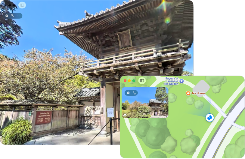 Una vista interactiva de 360 grados de una atracción local en San Francisco, con un mapa 3D en la esquina inferior derecha.