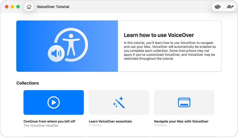 El tutorial interactivo de VoiceOver con información sobre aprender a usar VoiceOver.