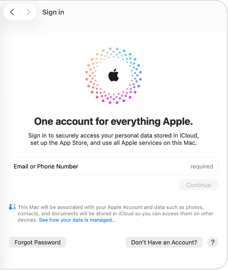 Apple Account sign-in pane with a text field for entering an email or phone number.
