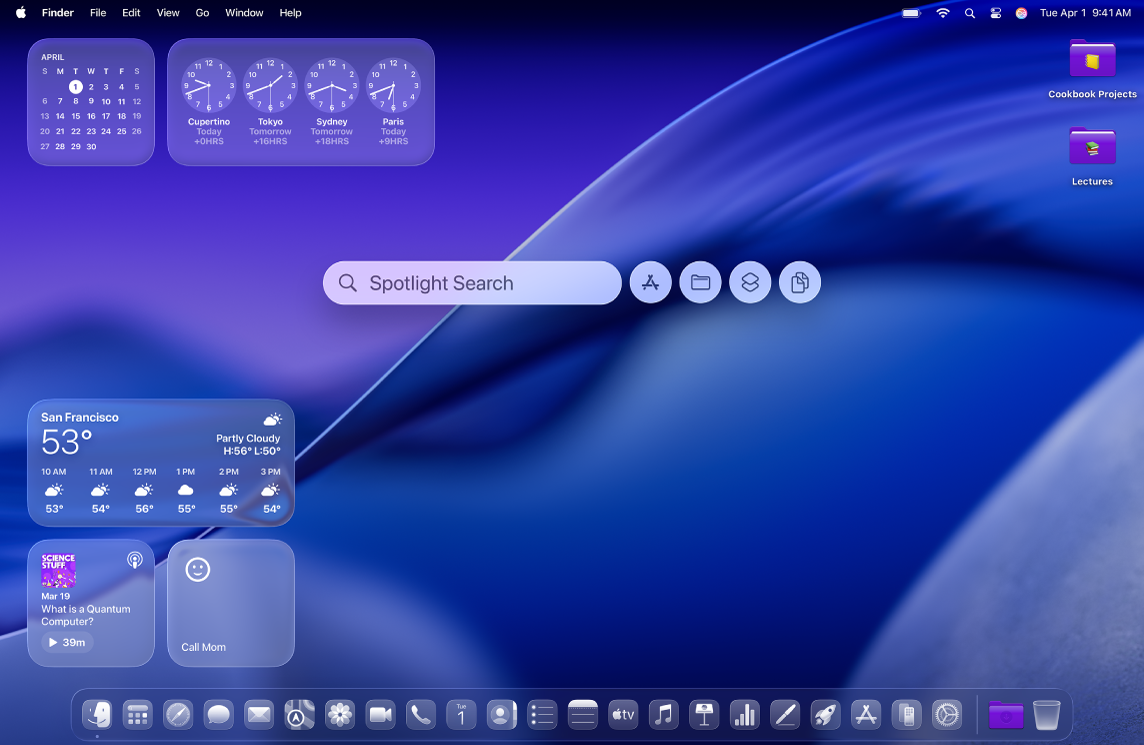A Mac desktop with a Spotlight window, custom icons, and widgets.