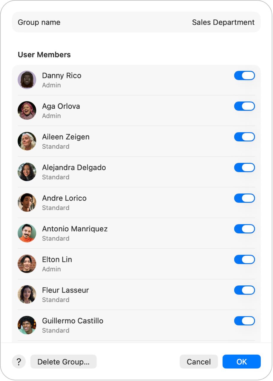Opciones para un grupo en el pan del configuración Usuarios y grupos. A la derecha de cada usuario hay la opción de incluir o excluir al usuario del grupo. En el área inferior están los botones Ayuda, Eliminar grupo, Cancelar y OK.